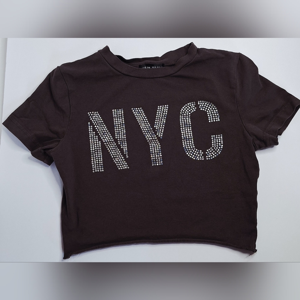 Shein Stylish Black Crop Top with Rhinestone NYC Design- XS
